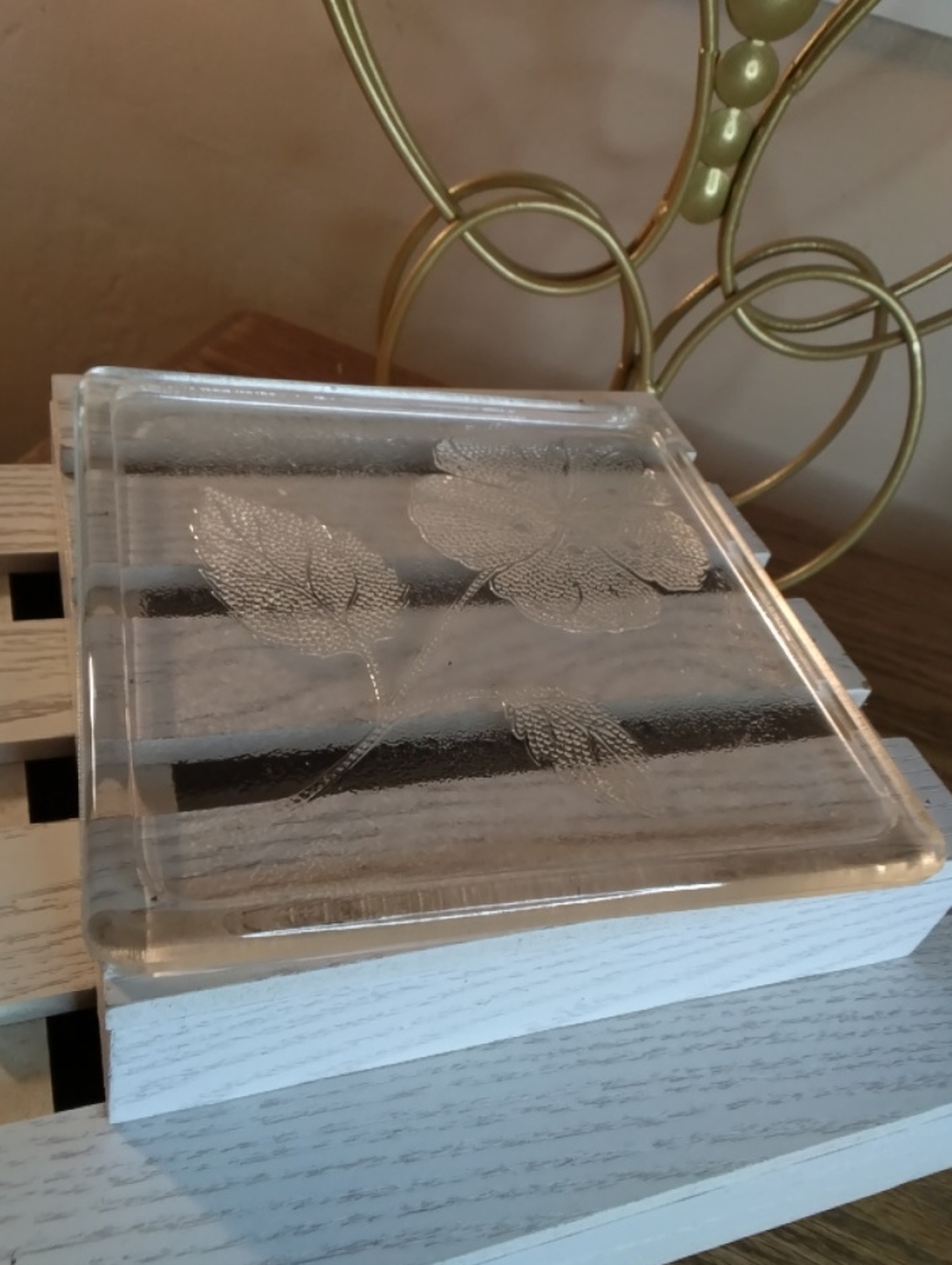 Clear Glass Floral Coaster or Decorative Tray - Leaf Design